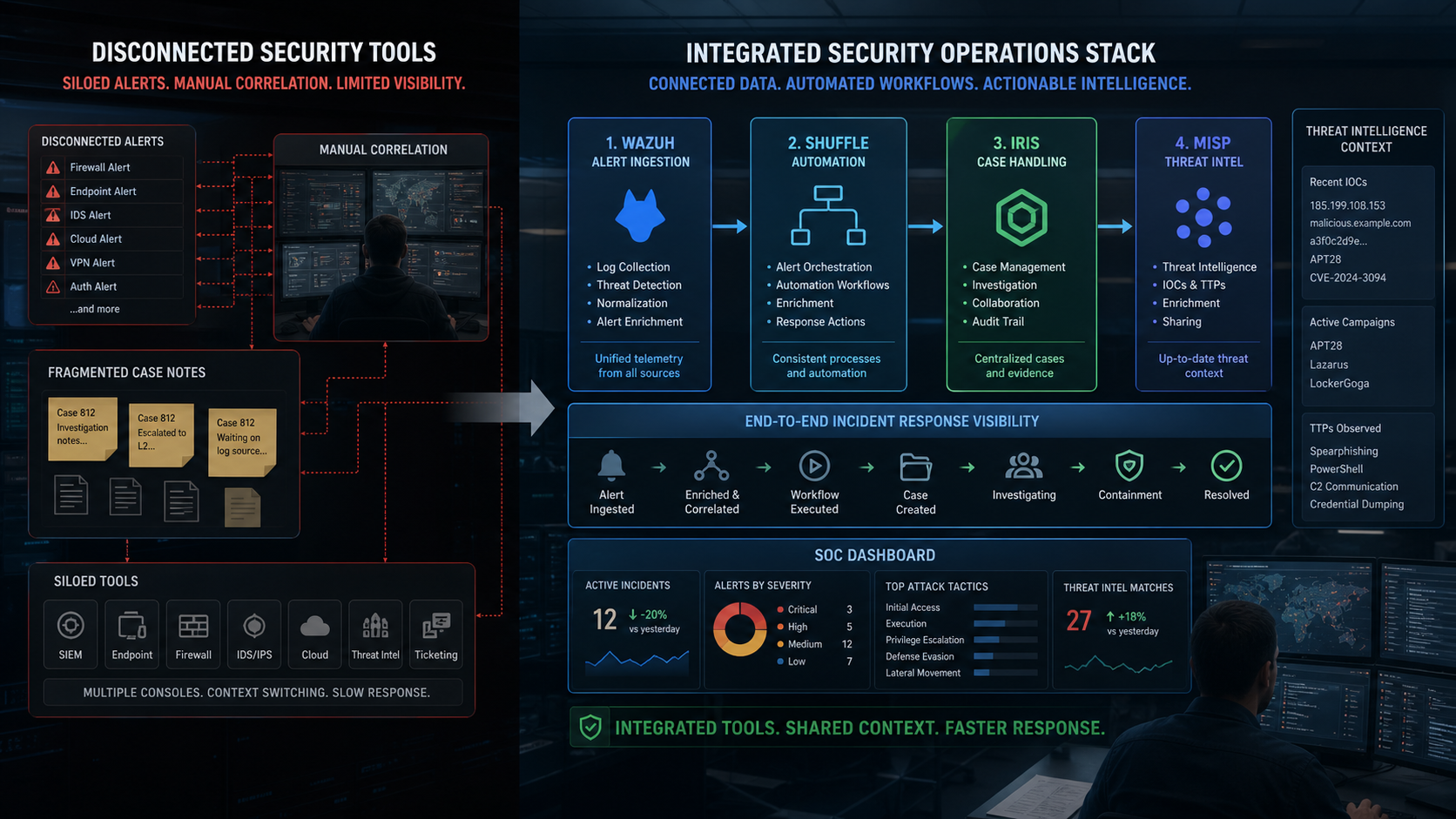 Illustration of disconnected security tools evolving into an integrated SOC workflow across Wazuh, Shuffle, Iris, and MISP